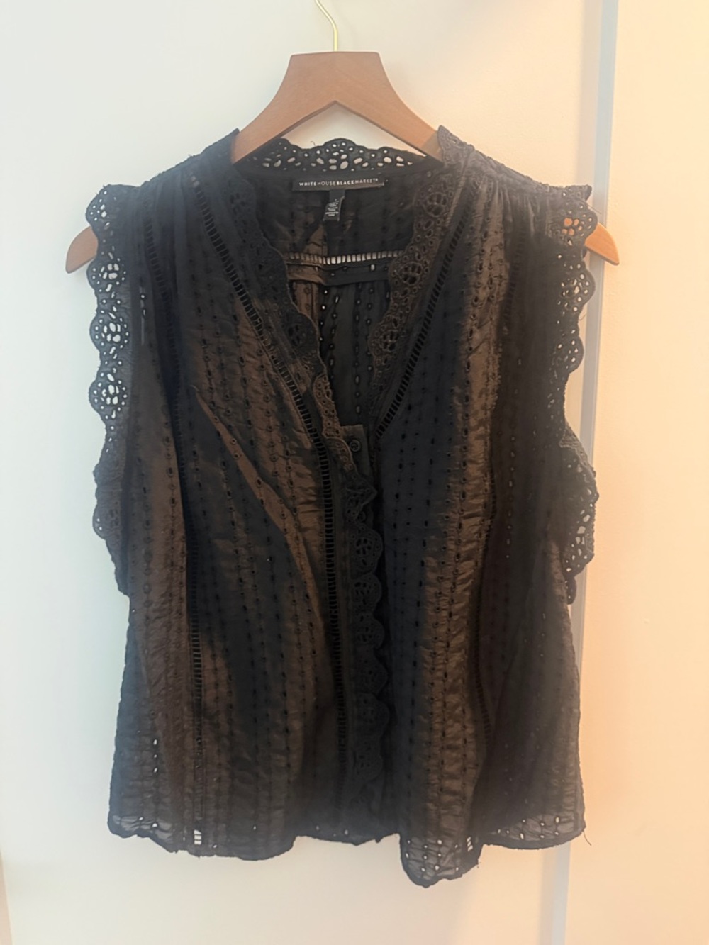 White House Black Market Black Sleeveless Eyelet Ruffle Blouse
